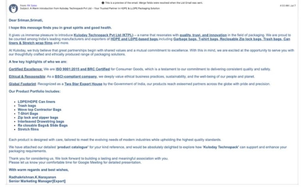 Plain text email with no branding, no visuals, and poor formatting